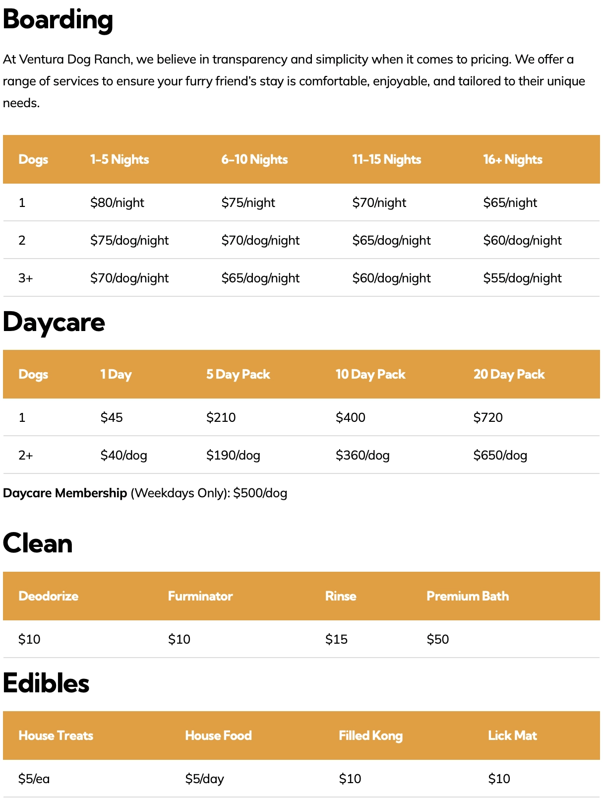 Ventura Dog Ranch Pricing